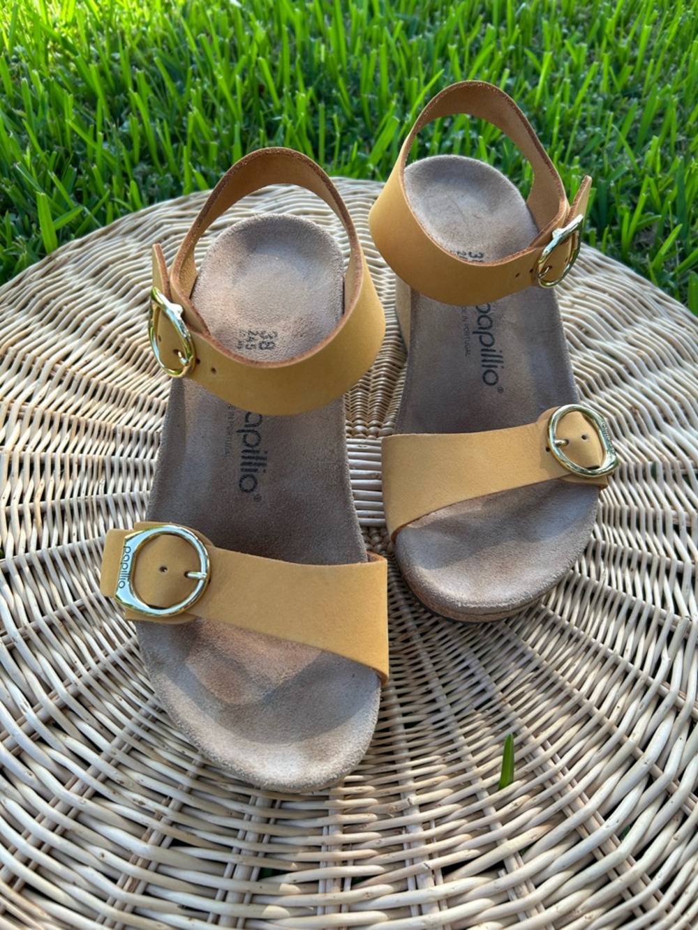 Papillio Birkenstock Camel Yellow Two-Strap Buckle Sandals